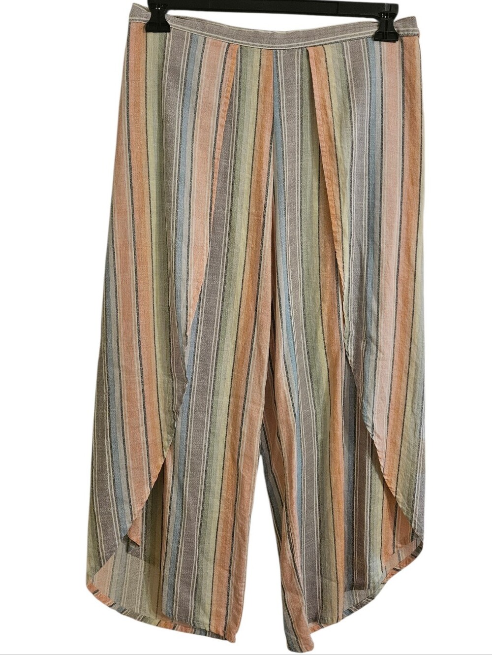 C&C California Pastel Striped Pull On Tulip Hem Cropped Pants Linen Rayon Sz L
